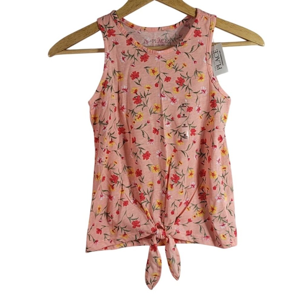 Children's Place Floral Top Orange SZ 7 Medium Sleeveless Front Tie Pullover NWT